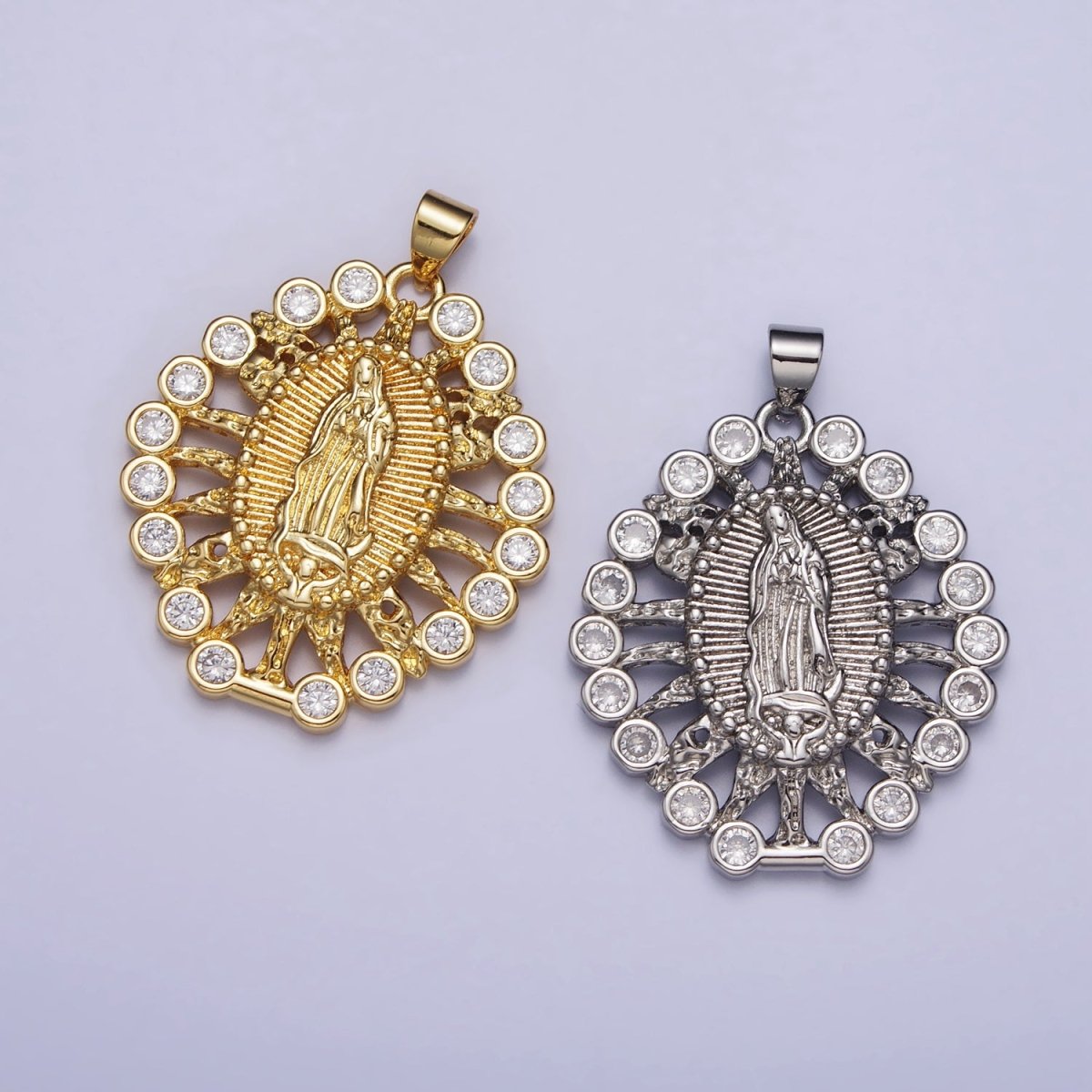Gold, Silver Mother Mary Lady Guadalupe Lined Molten Clear Round CZ Pendant | AA403 AA404
