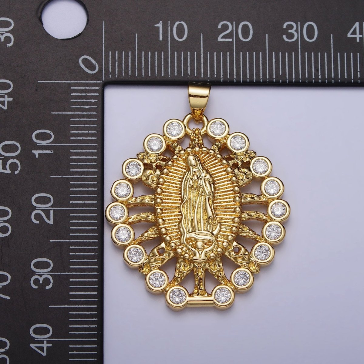 Gold, Silver Mother Mary Lady Guadalupe Lined Molten Clear Round CZ Pendant | AA403 AA404