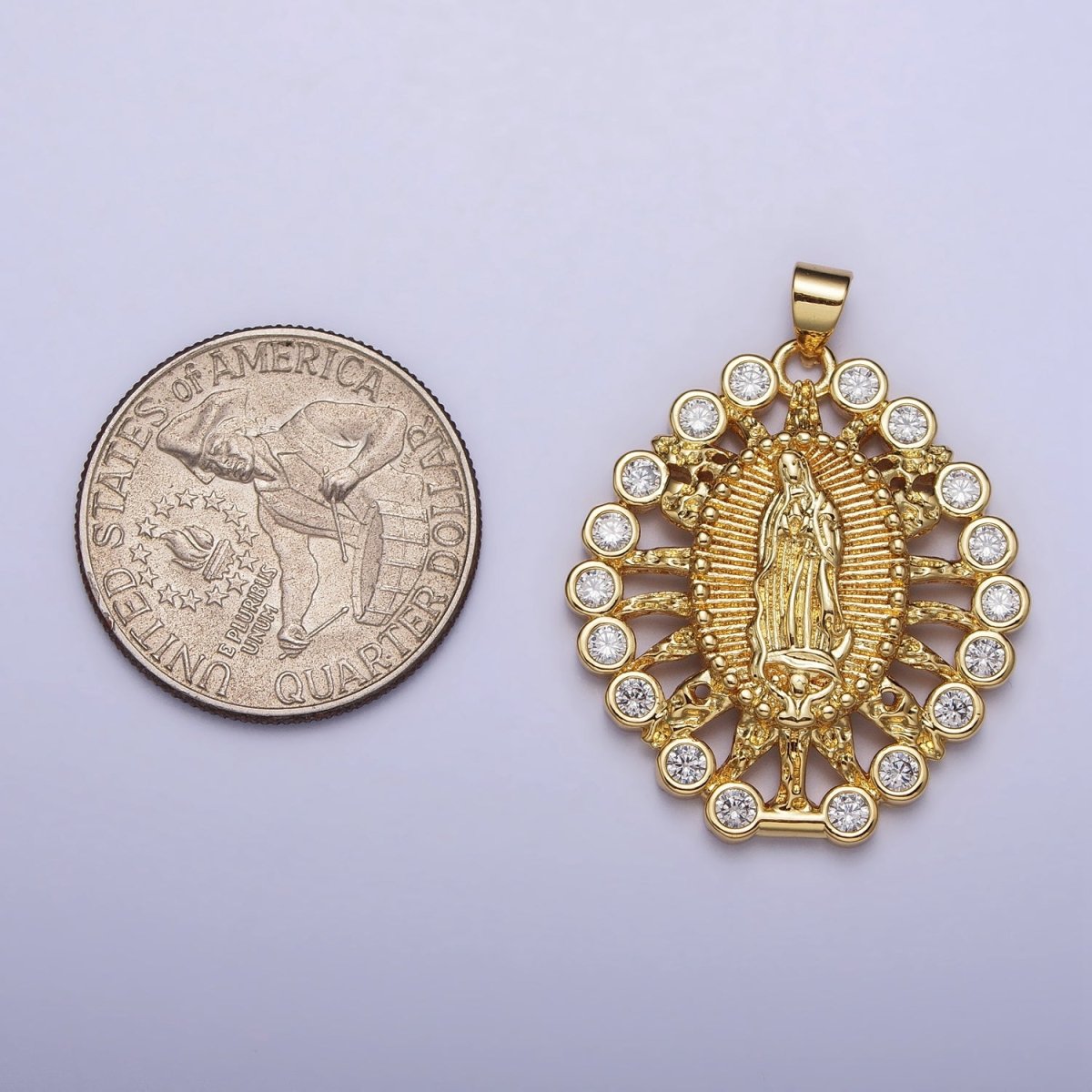 Gold, Silver Mother Mary Lady Guadalupe Lined Molten Clear Round CZ Pendant | AA403 AA404