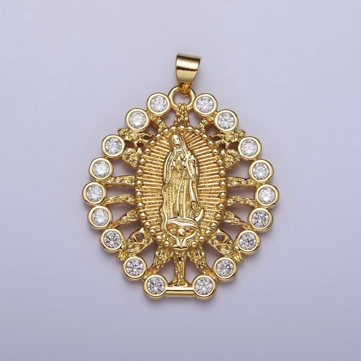 Gold, Silver Mother Mary Lady Guadalupe Lined Molten Clear Round CZ Pendant | AA403 AA404