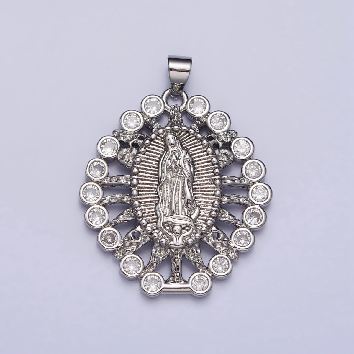 Gold, Silver Mother Mary Lady Guadalupe Lined Molten Clear Round CZ Pendant | AA403 AA404