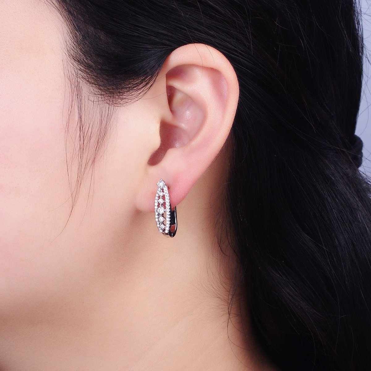 Gold, Silver Oblong Clear Micro Paved Linear English Lock Earrings in Silver & Gold | AB655 AB834