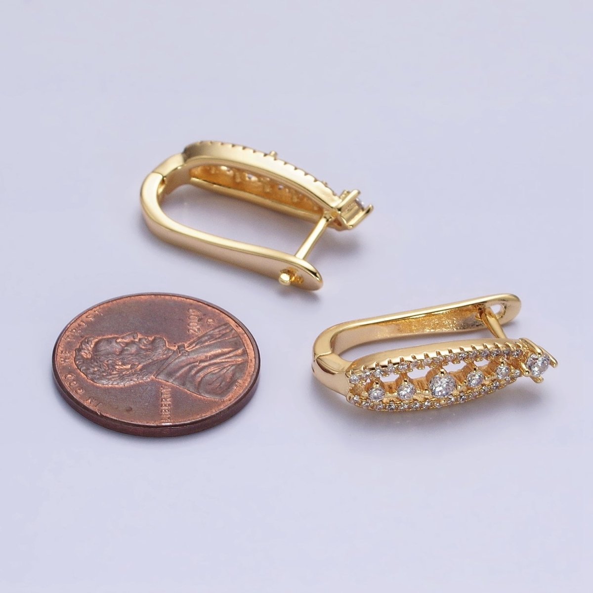 Gold, Silver Oblong Clear Micro Paved Linear English Lock Earrings in Silver & Gold | AB655 AB834