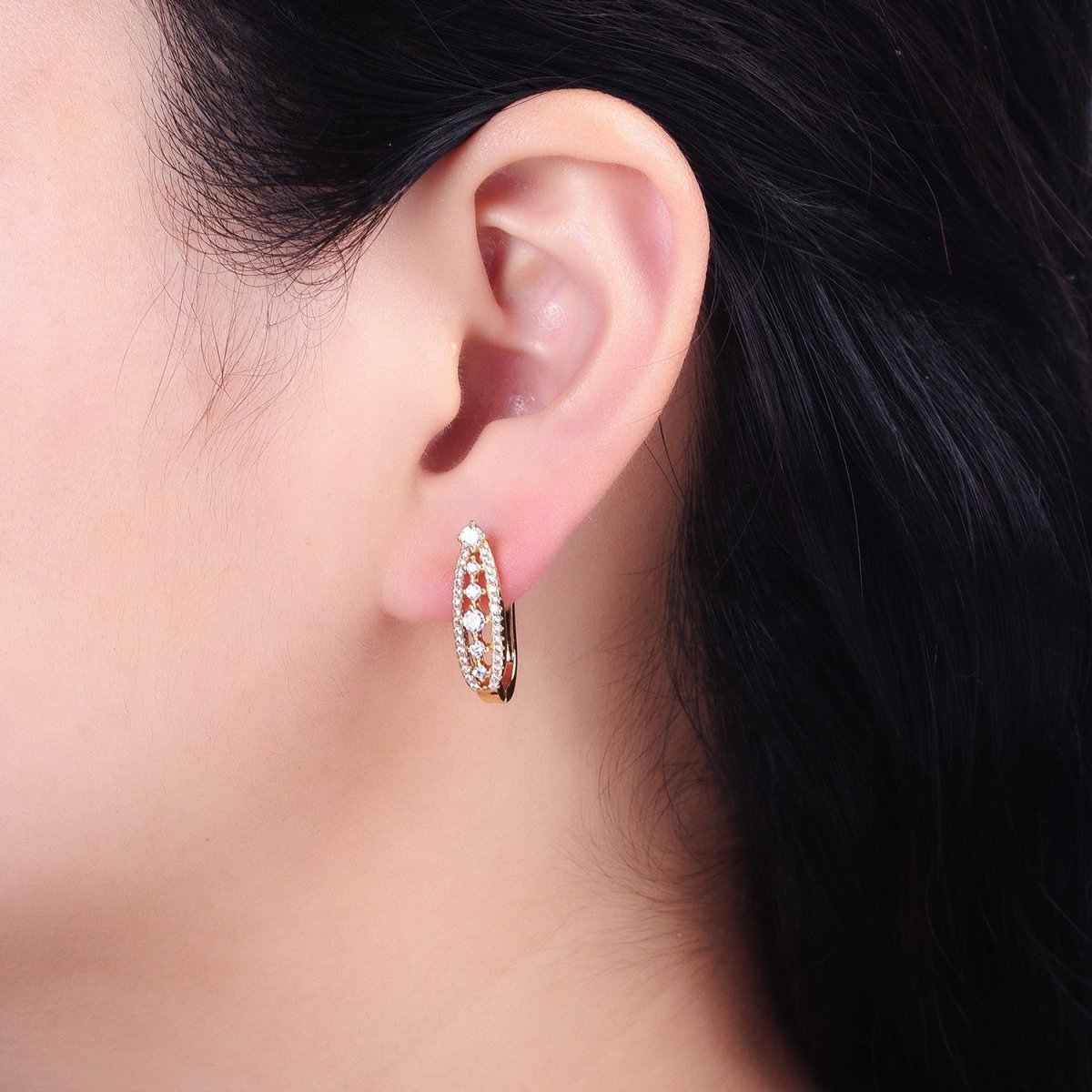 Gold, Silver Oblong Clear Micro Paved Linear English Lock Earrings in Silver & Gold | AB655 AB834