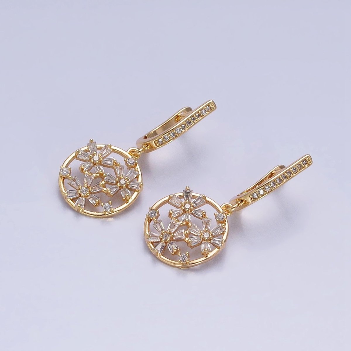 Gold, Silver Open Flowers Baguette Micro Paved CZ English Lock Earrings | AD808 AD809