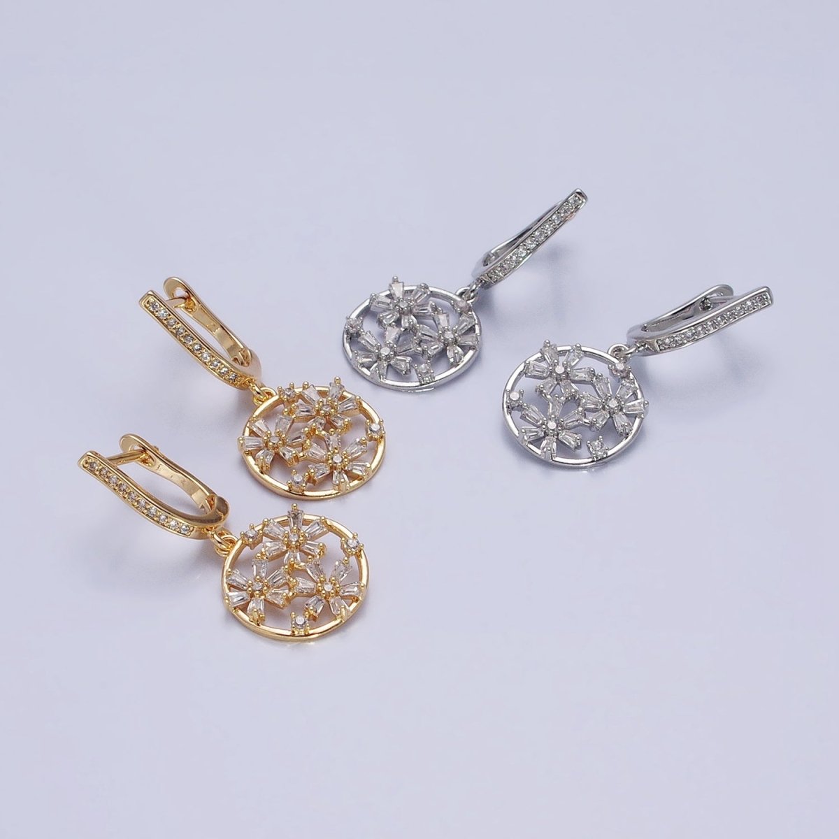 Gold, Silver Open Flowers Baguette Micro Paved CZ English Lock Earrings | AD808 AD809