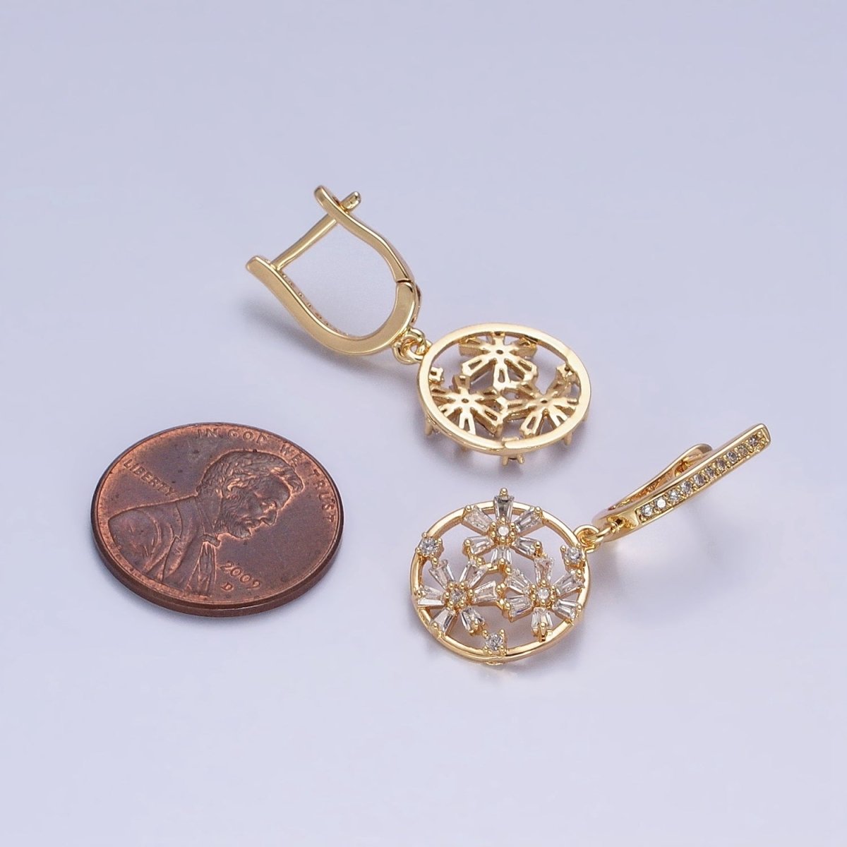 Gold, Silver Open Flowers Baguette Micro Paved CZ English Lock Earrings | AD808 AD809