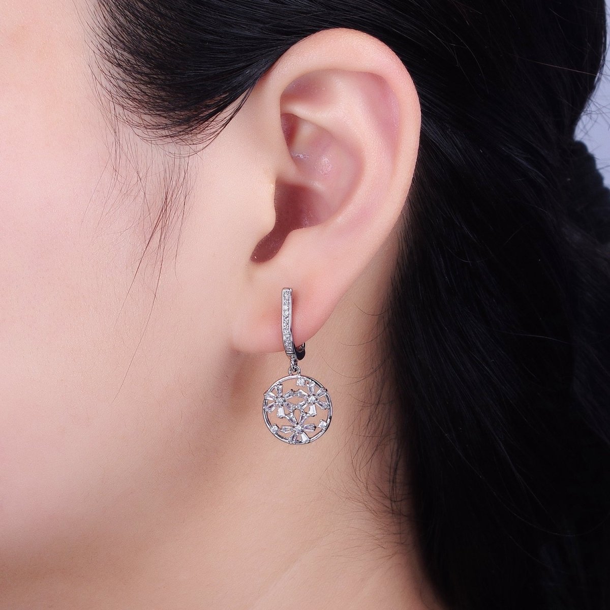 Gold, Silver Open Flowers Baguette Micro Paved CZ English Lock Earrings | AD808 AD809