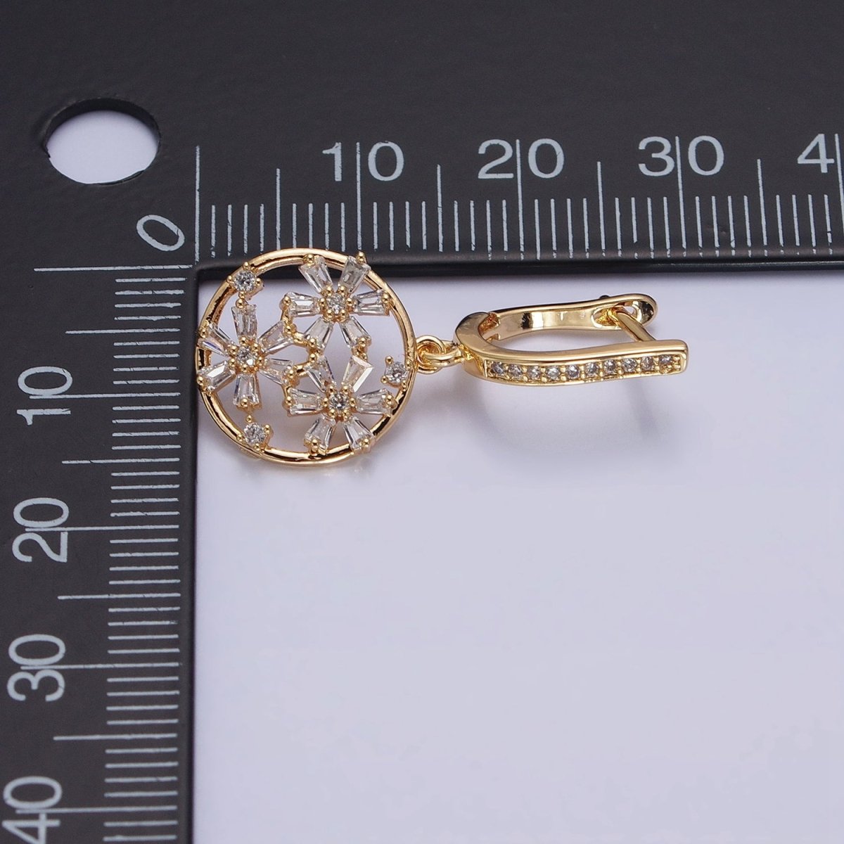 Gold, Silver Open Flowers Baguette Micro Paved CZ English Lock Earrings | AD808 AD809