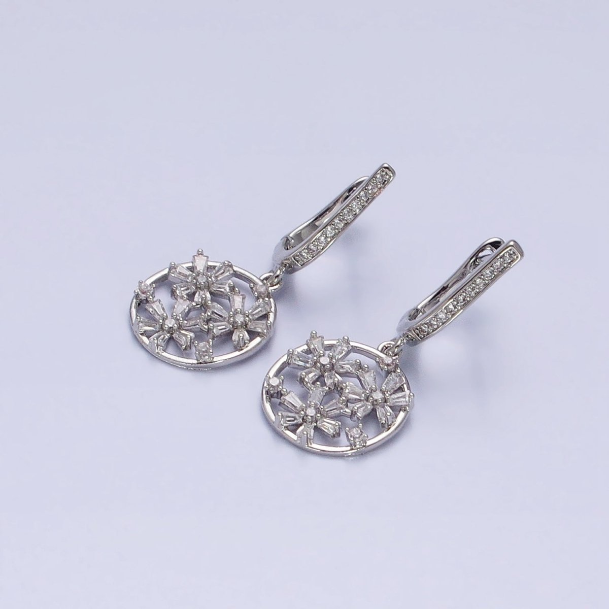 Gold, Silver Open Flowers Baguette Micro Paved CZ English Lock Earrings | AD808 AD809