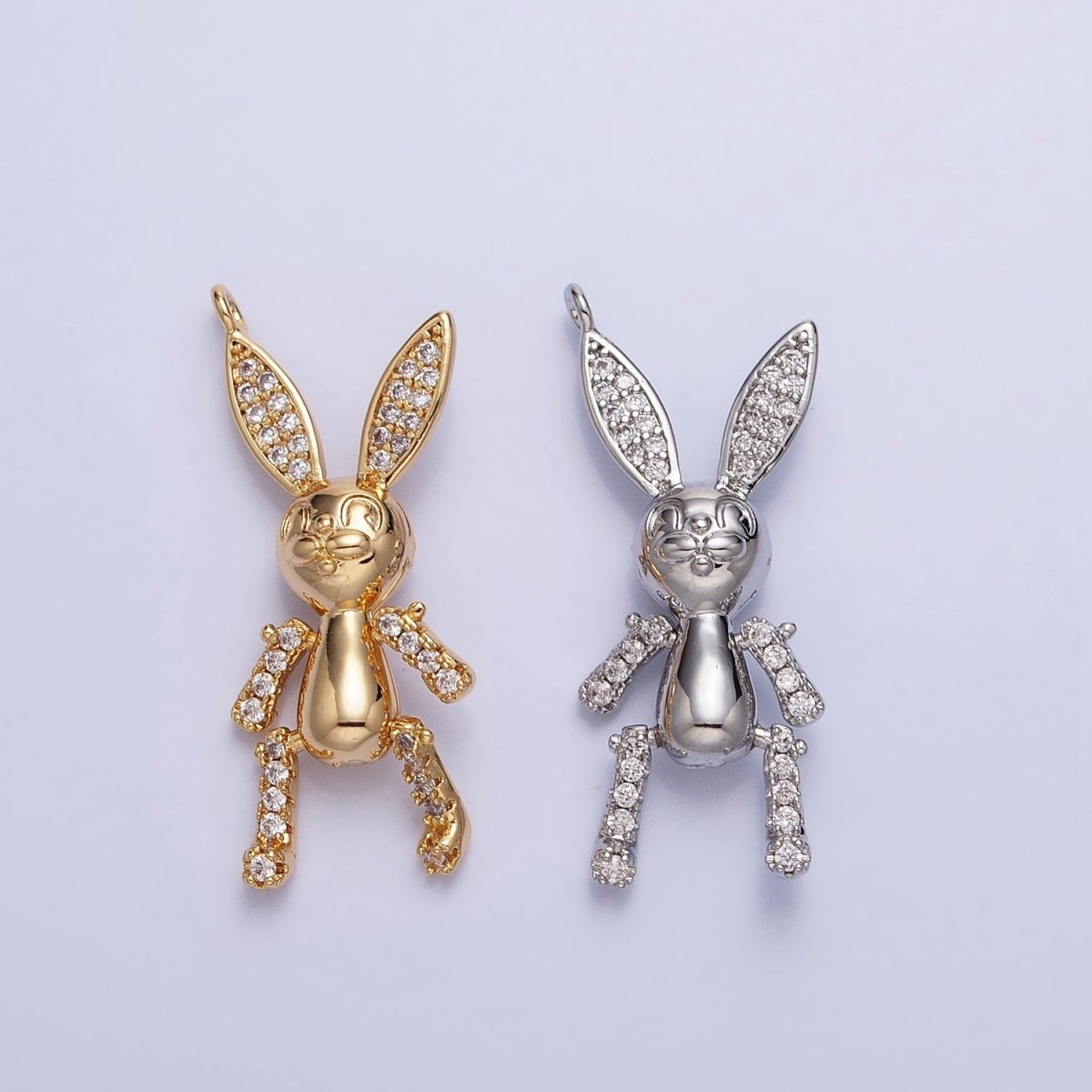 Gold, Silver Posed Bunny Rabbit Micro Paved CZ Mechanical Charm | AB779 AB780
