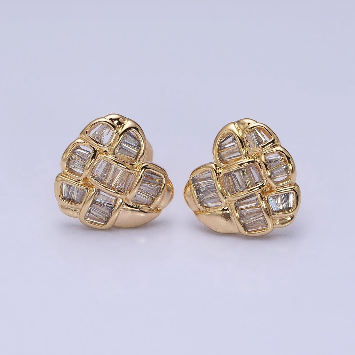 Gold, Silver Puffed Heart Clear Square Lined CZ Statement Stud Earrings in Gold & Silver | AD935 AD936