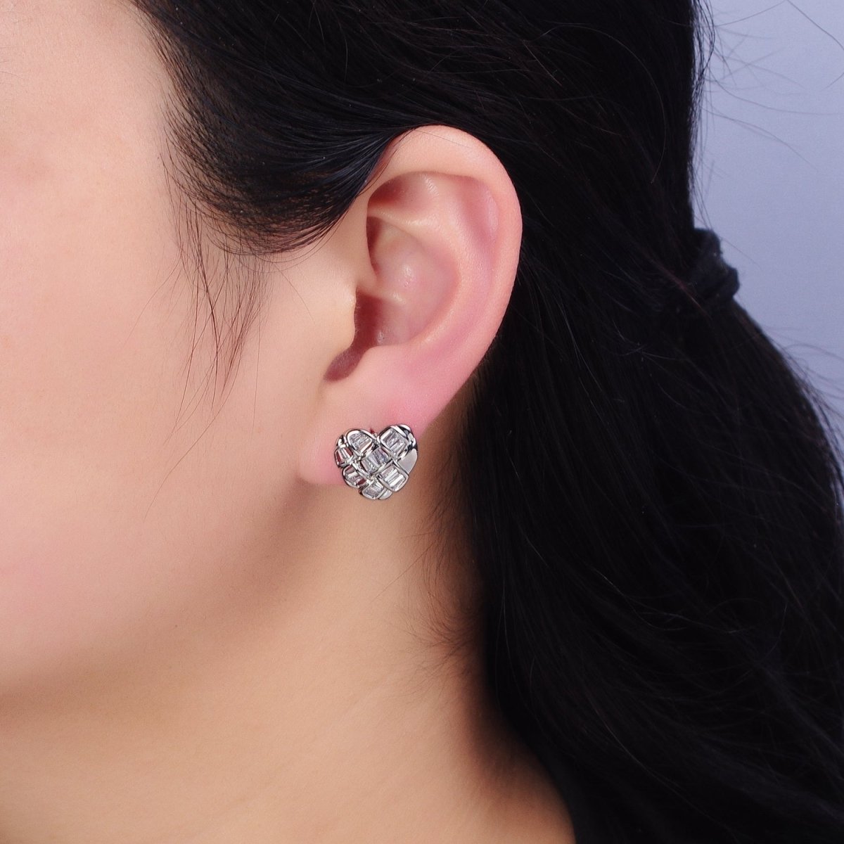 Gold, Silver Puffed Heart Clear Square Lined CZ Statement Stud Earrings in Gold & Silver | AD935 AD936