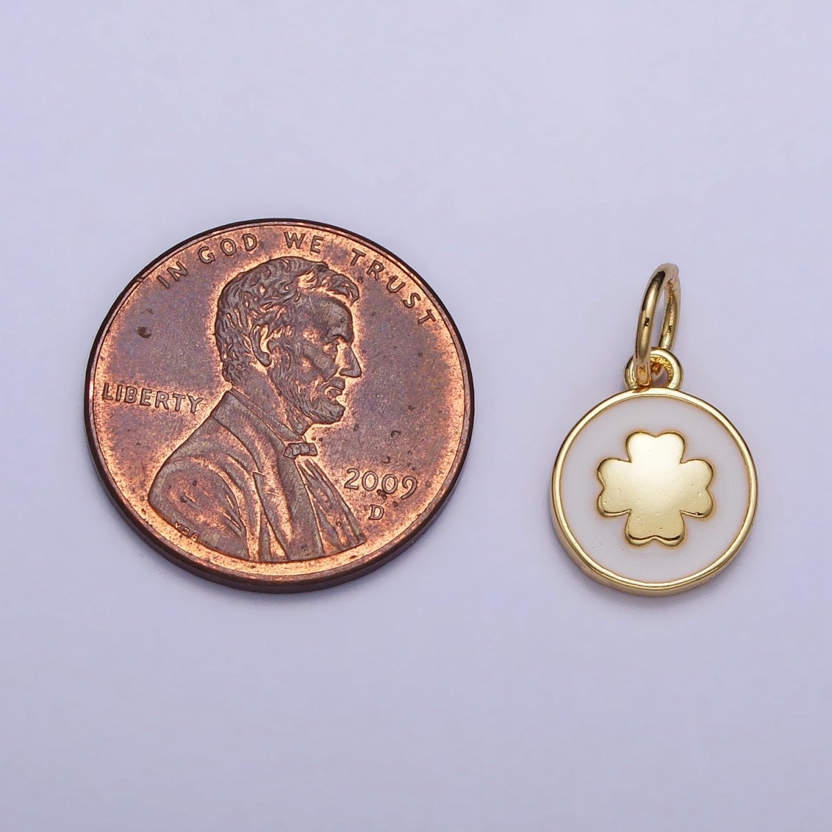Gold, Silver Quatrefoil Clover White Enamel Round Coin Charm | AC1007 AC1008