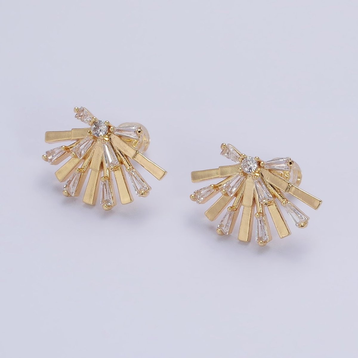 Gold, Silver Rectangular Clear CZ Baguette Geometric Fan Stud Earrings | AB635 AB636