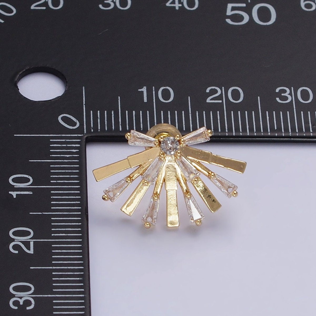 Gold, Silver Rectangular Clear CZ Baguette Geometric Fan Stud Earrings | AB635 AB636