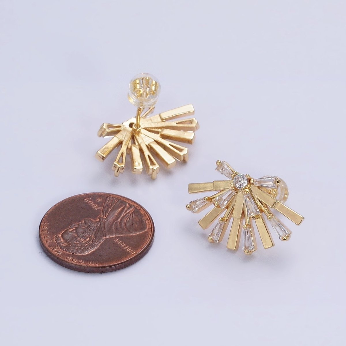 Gold, Silver Rectangular Clear CZ Baguette Geometric Fan Stud Earrings | AB635 AB636