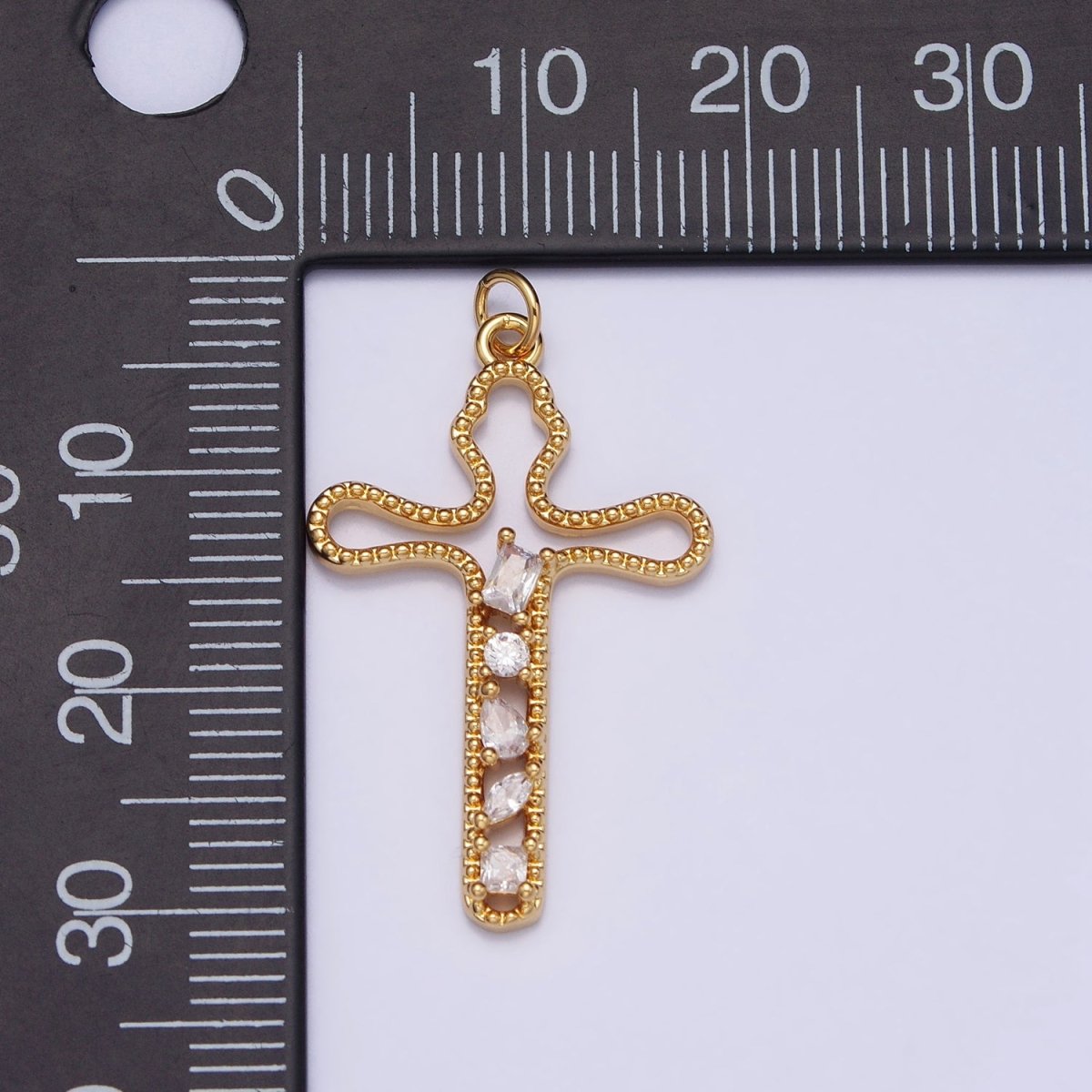 Gold, Silver Religious Beaded Abstract Wiggly Cross Clear CZ Cubic Zirconia  Charm E-417 N-279