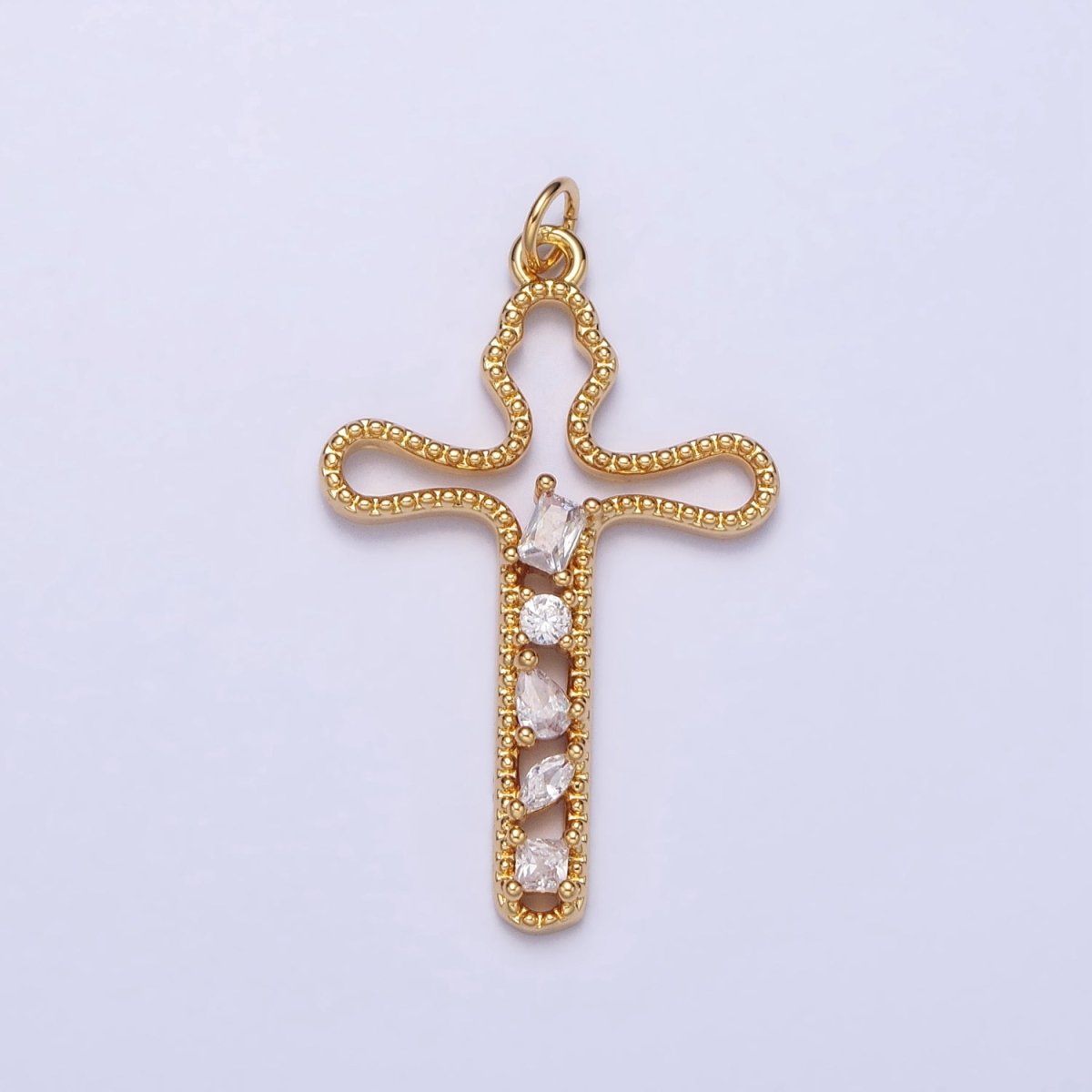 Gold, Silver Religious Beaded Abstract Wiggly Cross Clear CZ Cubic Zirconia  Charm E-417 N-279