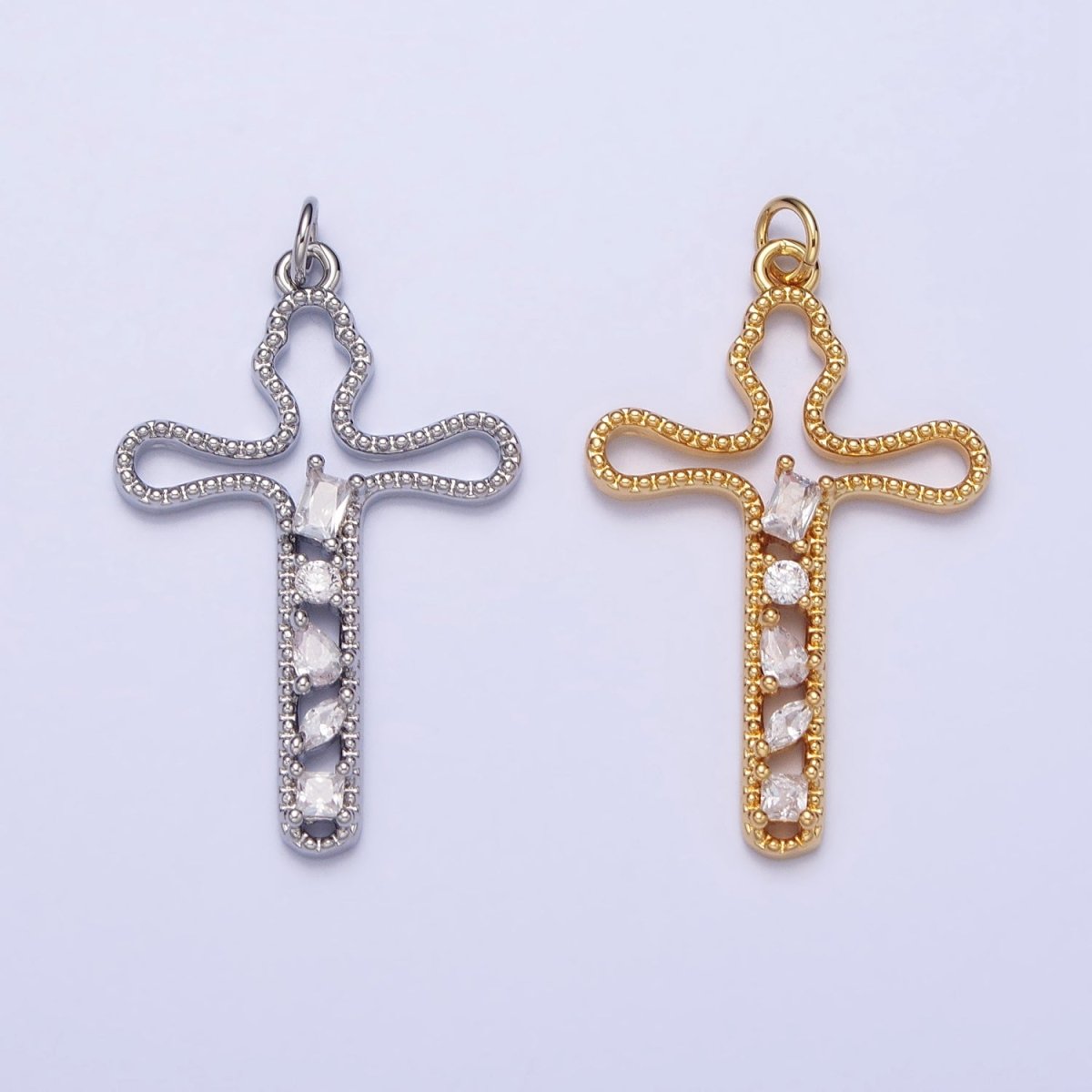 Gold, Silver Religious Beaded Abstract Wiggly Cross Clear CZ Cubic Zirconia  Charm E-417 N-279