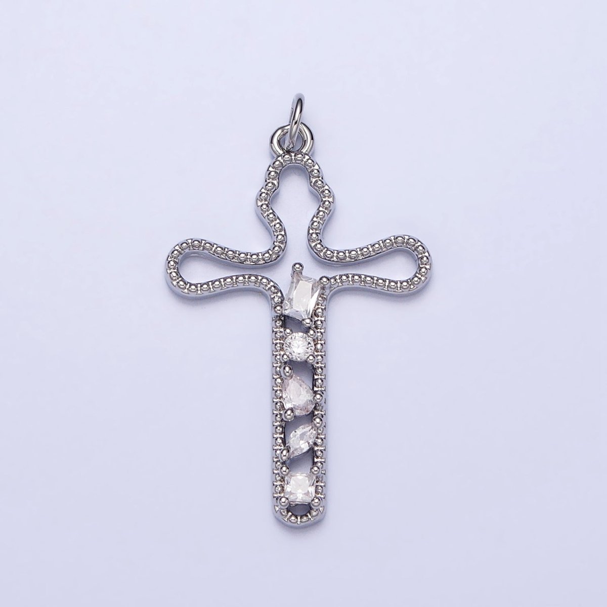 Gold, Silver Religious Beaded Abstract Wiggly Cross Clear CZ Cubic Zirconia  Charm E-417 N-279