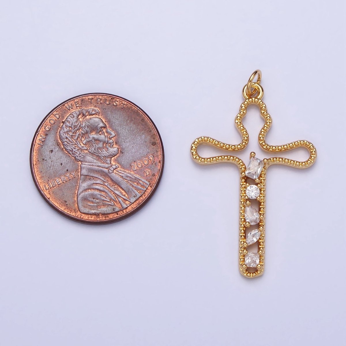 Gold, Silver Religious Beaded Abstract Wiggly Cross Clear CZ Cubic Zirconia  Charm E-417 N-279
