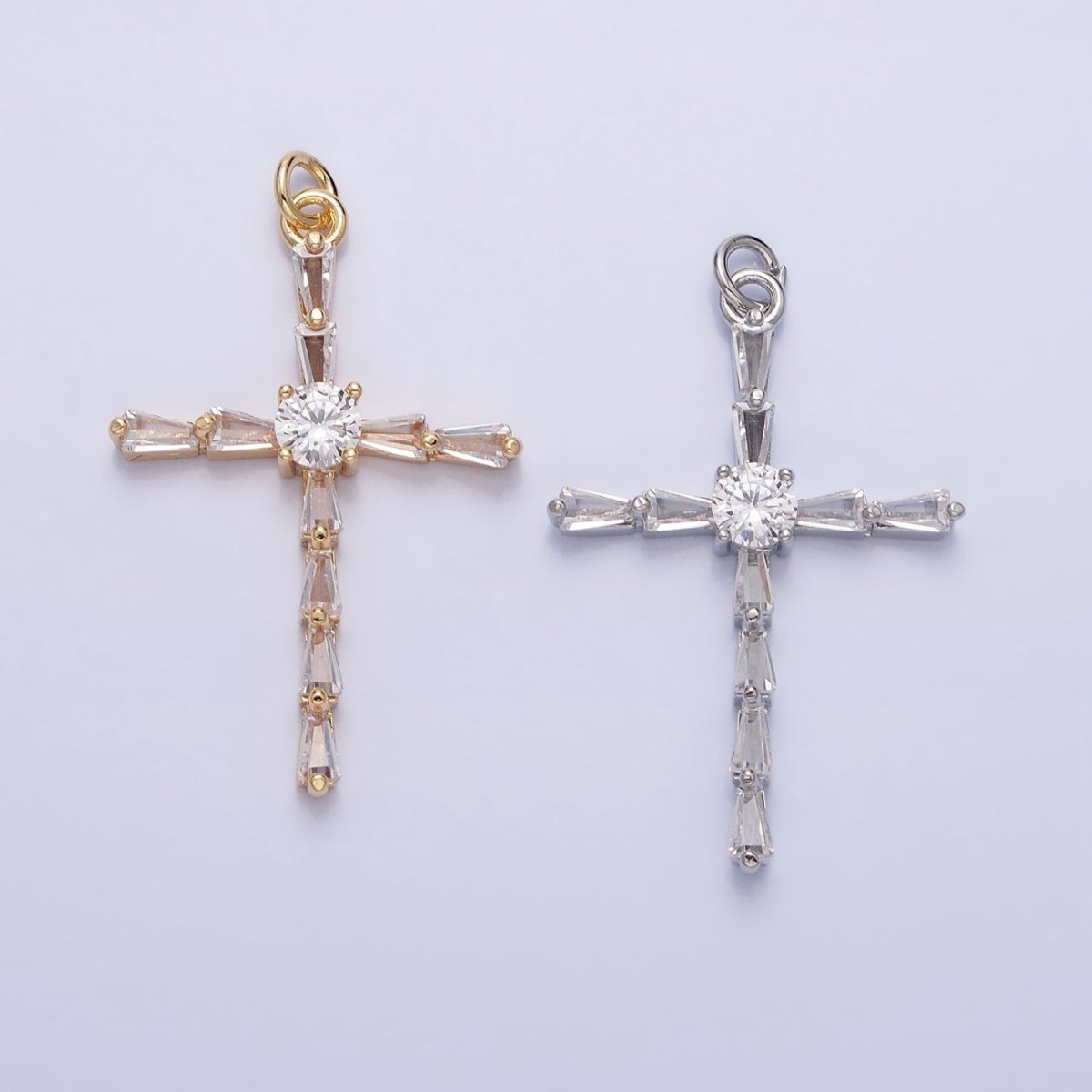 Gold, Silver Religious Latin Cross Triangle Baguette CZ Charm | AC735 AC736