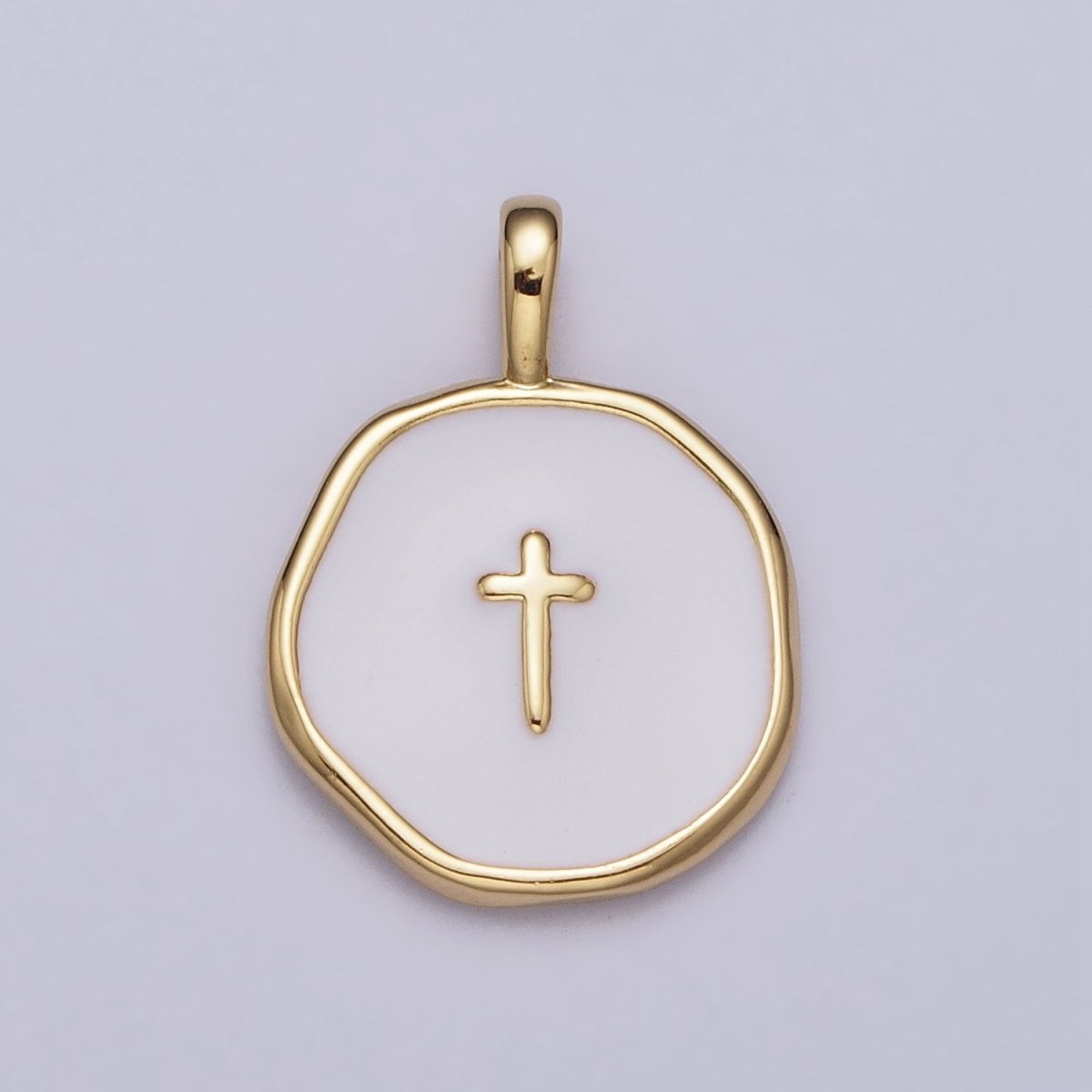 Gold, Silver Religious Latin Cross White Enamel Round Stamped Charm | AG-025 AC1139
