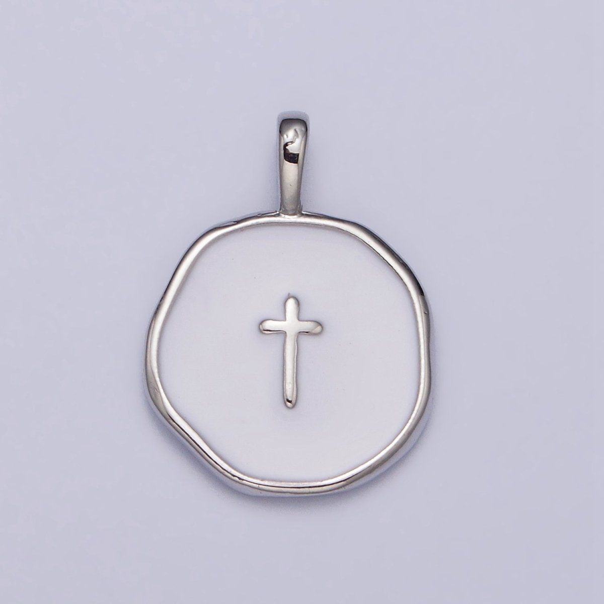 Gold, Silver Religious Latin Cross White Enamel Round Stamped Charm | AG-025 AC1139