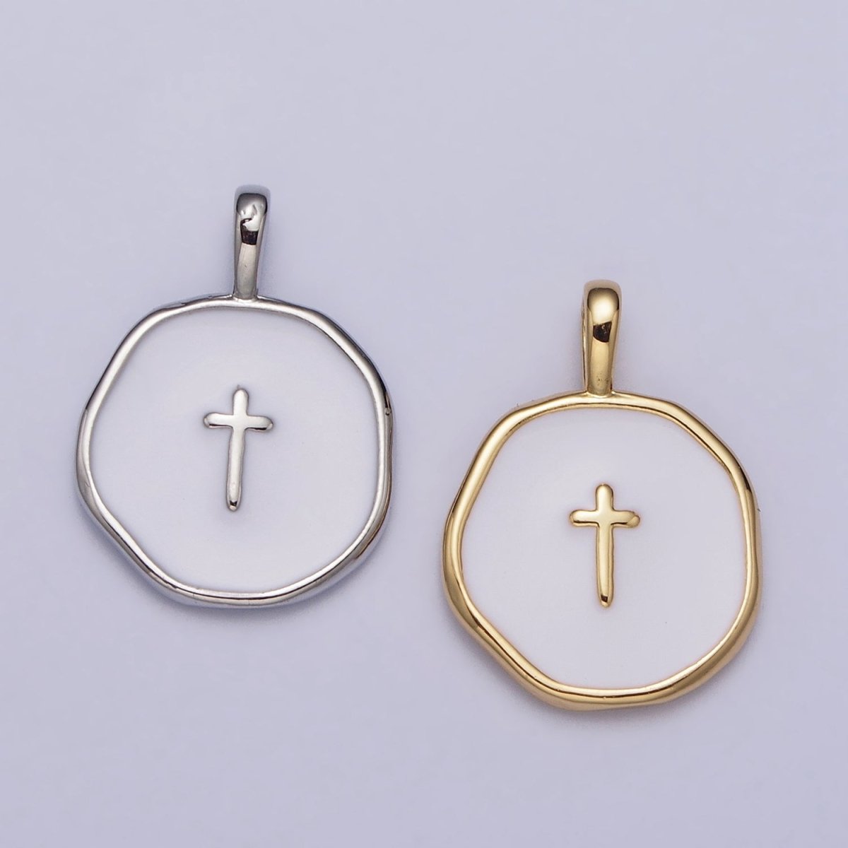 Gold, Silver Religious Latin Cross White Enamel Round Stamped Charm | AG-025 AC1139