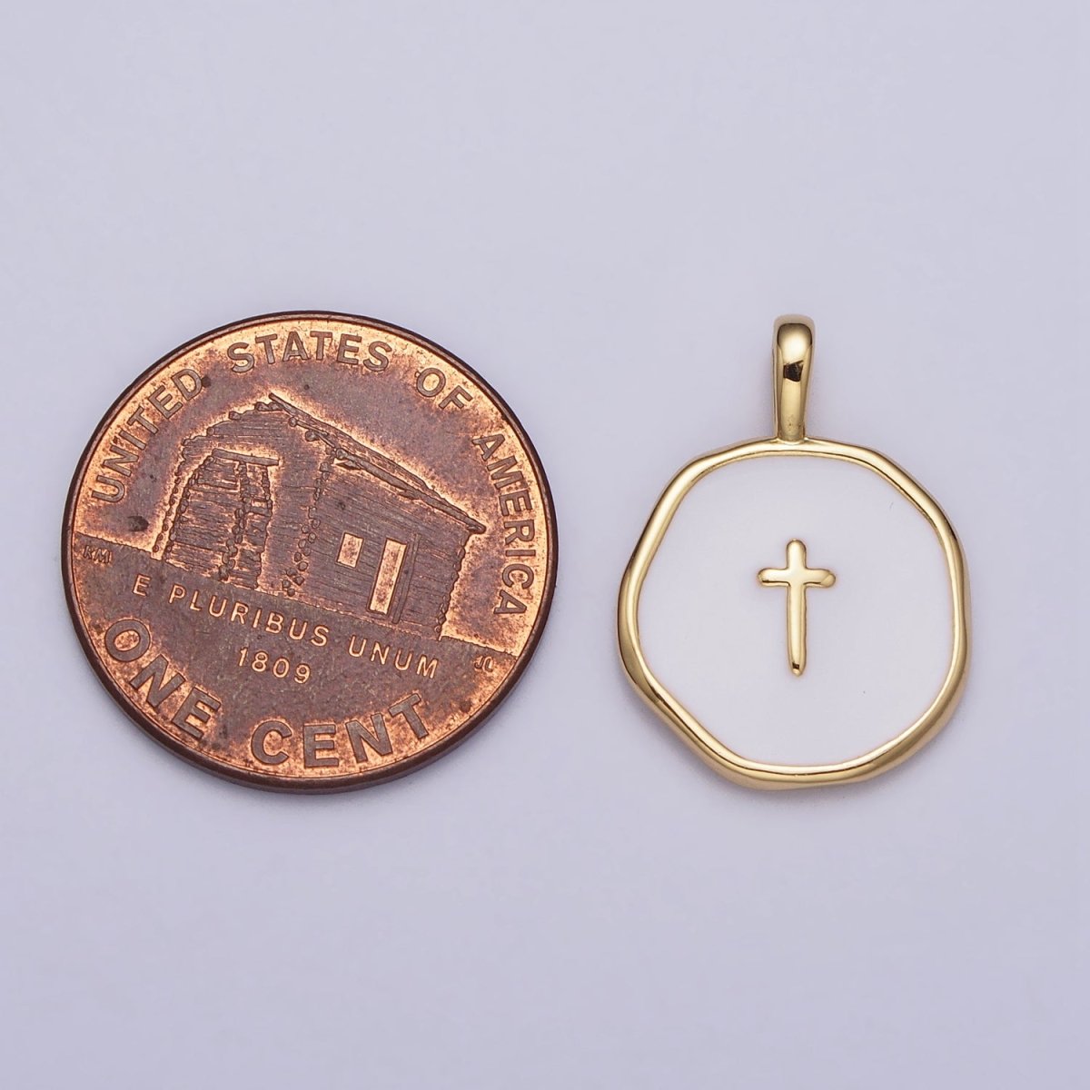 Gold, Silver Religious Latin Cross White Enamel Round Stamped Charm | AG-025 AC1139