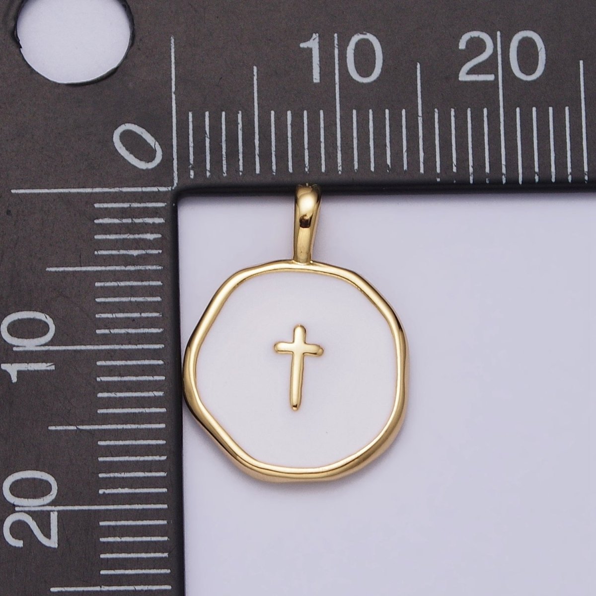Gold, Silver Religious Latin Cross White Enamel Round Stamped Charm | AG-025 AC1139
