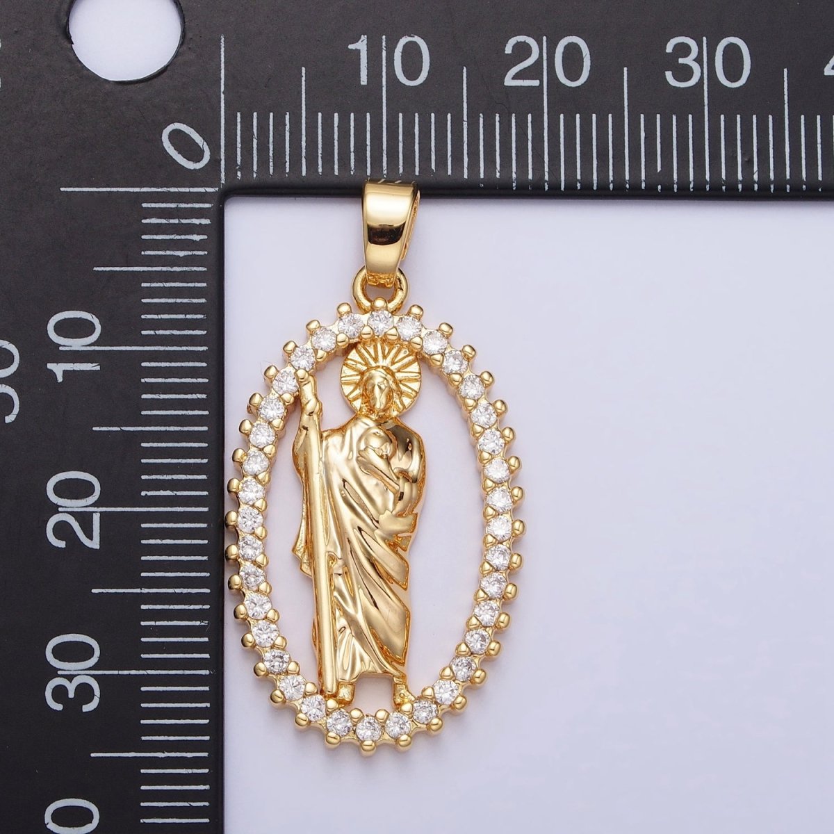 Gold, Silver Religious Saint St. Jude Thaddaeus Open Micro Paved CZ Oval Pendant | AA401 AA402
