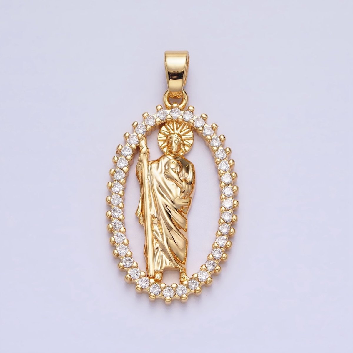 Gold, Silver Religious Saint St. Jude Thaddaeus Open Micro Paved CZ Oval Pendant | AA401 AA402