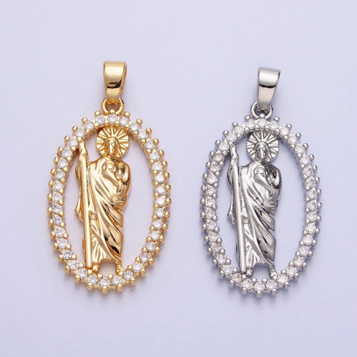 Gold, Silver Religious Saint St. Jude Thaddaeus Open Micro Paved CZ Oval Pendant | AA401 AA402