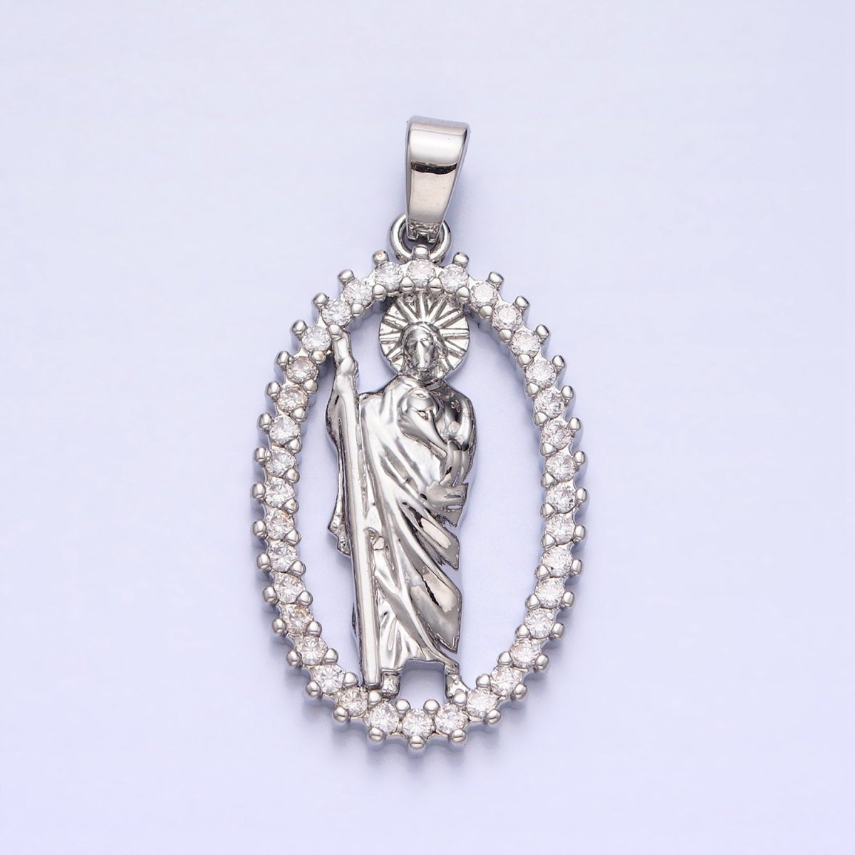 Gold, Silver Religious Saint St. Jude Thaddaeus Open Micro Paved CZ Oval Pendant | AA401 AA402