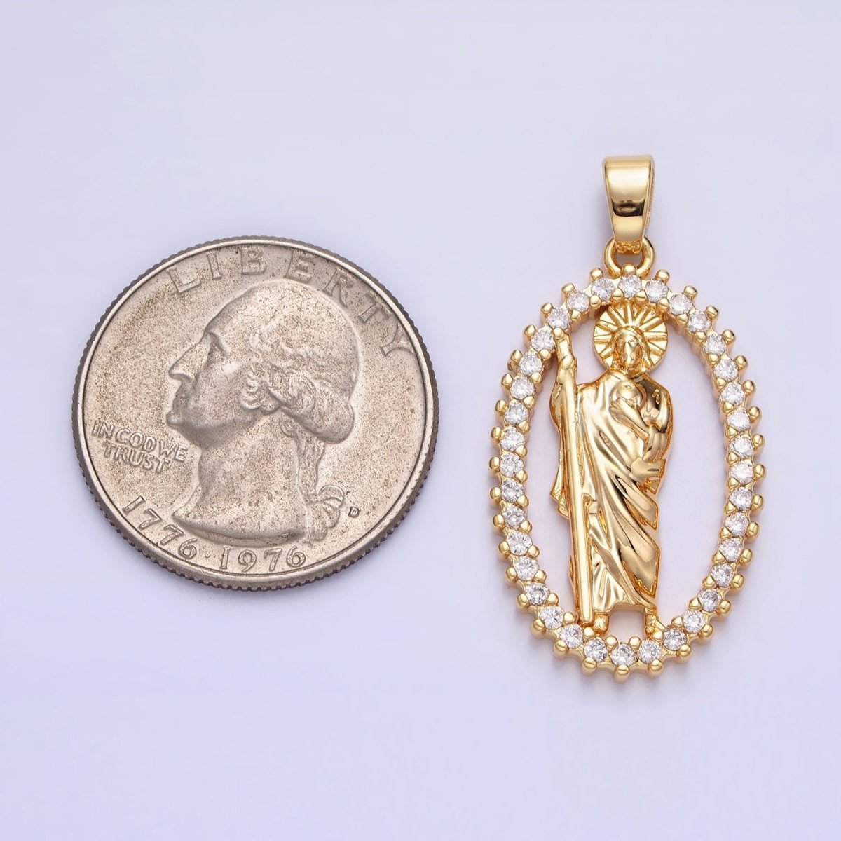 Gold, Silver Religious Saint St. Jude Thaddaeus Open Micro Paved CZ Oval Pendant | AA401 AA402