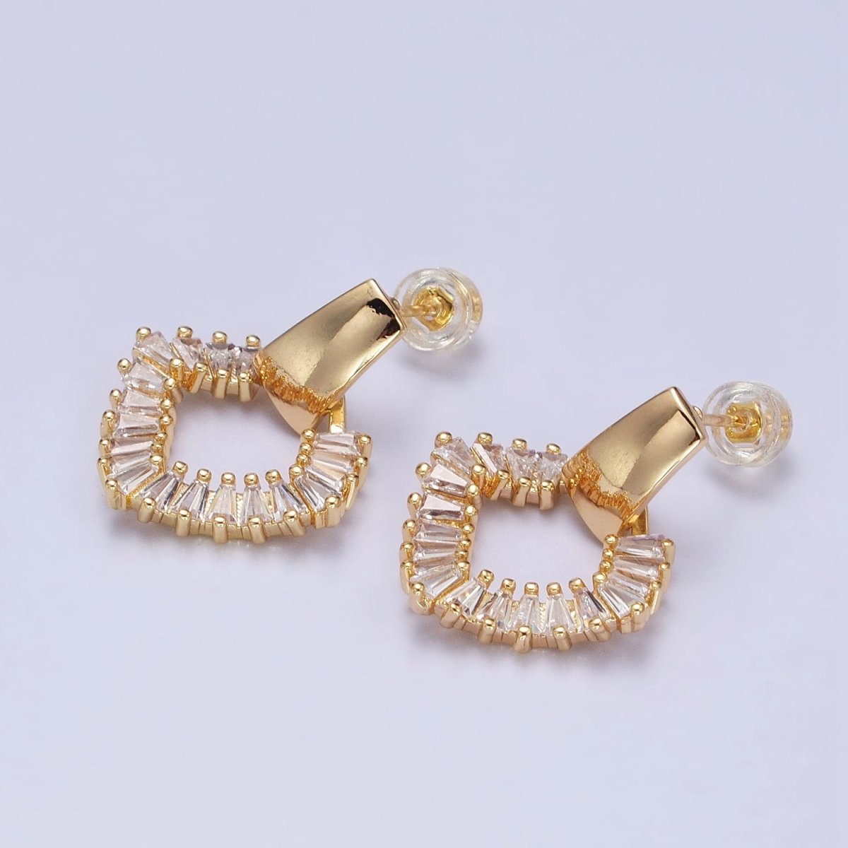 Gold, Silver Rhombus Clear Baguette Dangle Drop Wide Rectangular Geometric Stud Earrings | V-382 AB-492