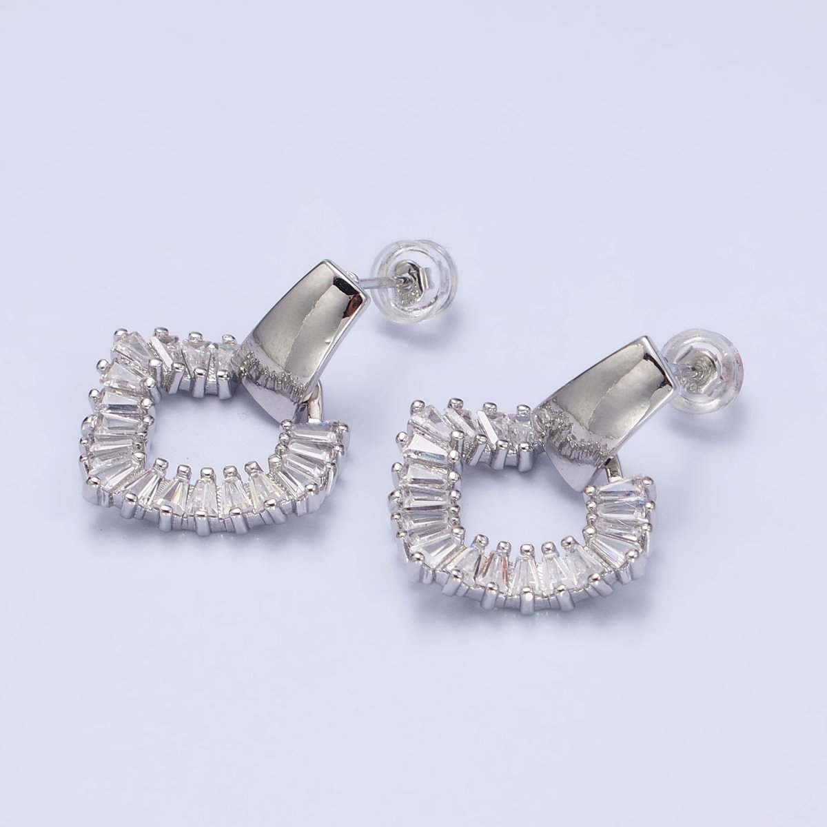 Gold, Silver Rhombus Clear Baguette Dangle Drop Wide Rectangular Geometric Stud Earrings | V-382 AB-492