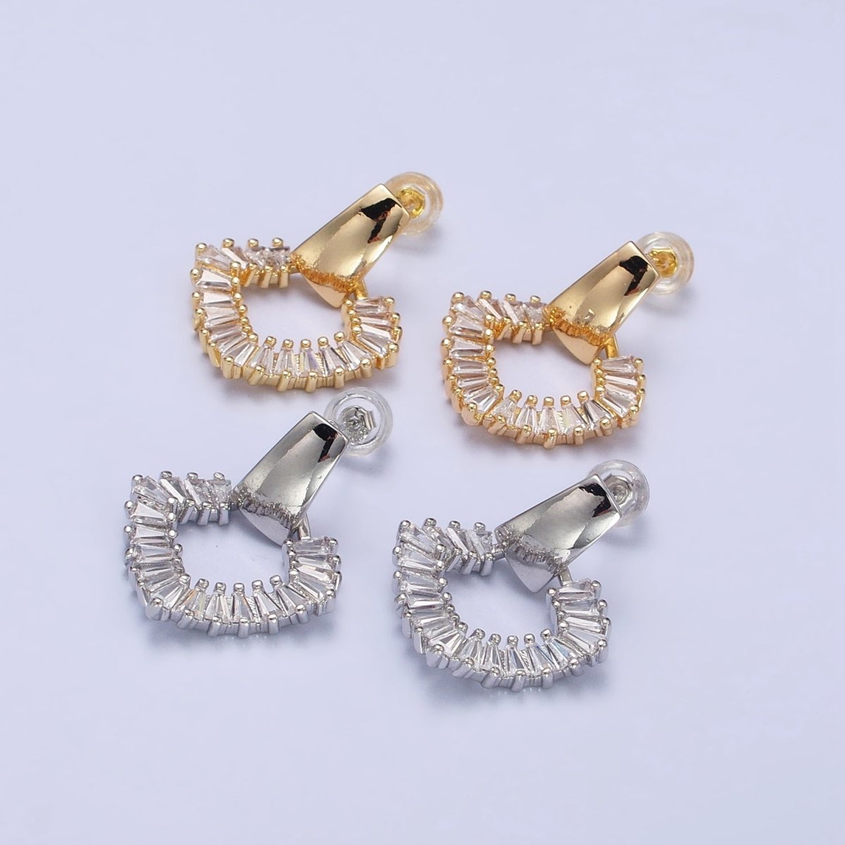 Gold, Silver Rhombus Clear Baguette Dangle Drop Wide Rectangular Geometric Stud Earrings | V-382 AB-492