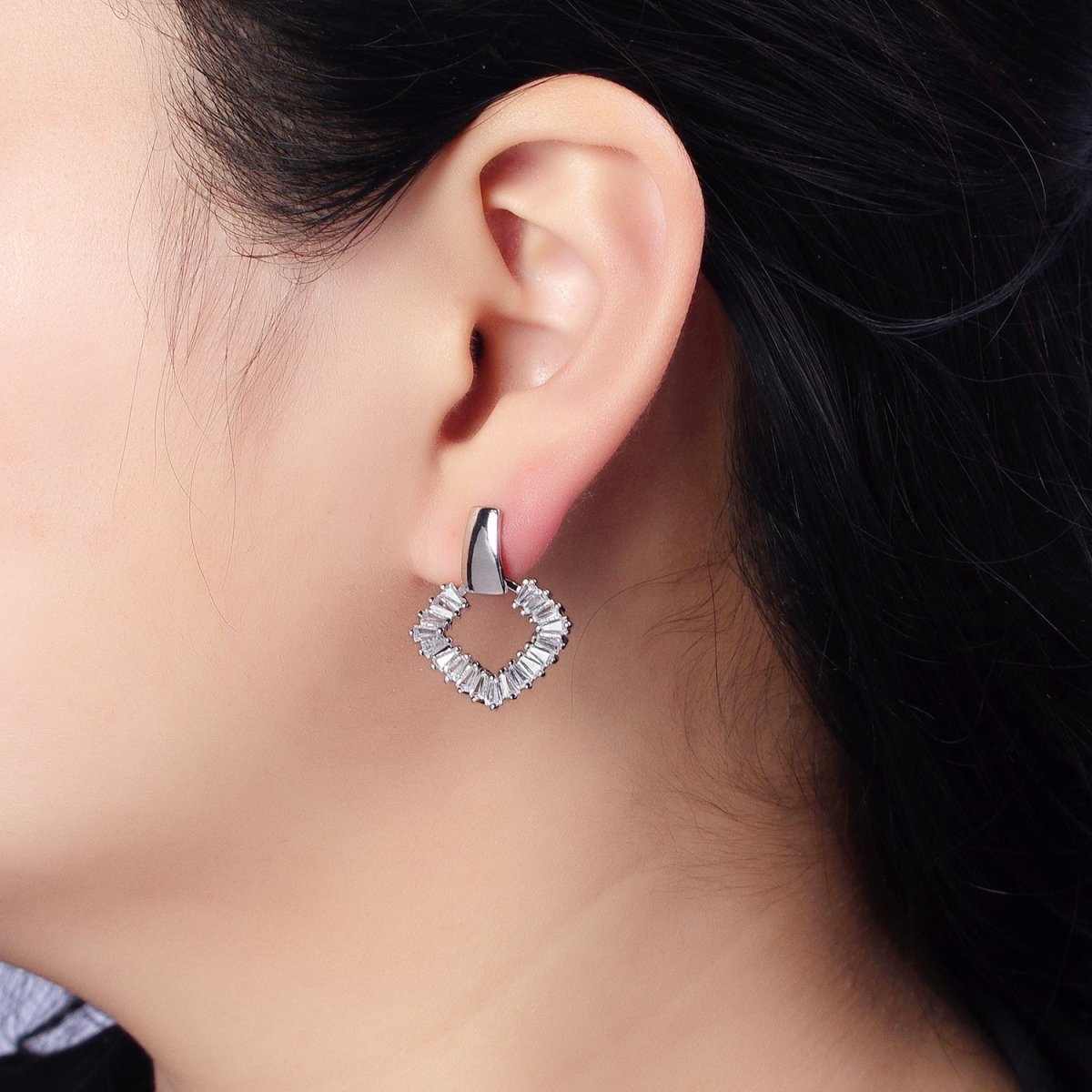 Gold, Silver Rhombus Clear Baguette Dangle Drop Wide Rectangular Geometric Stud Earrings | V-382 AB-492