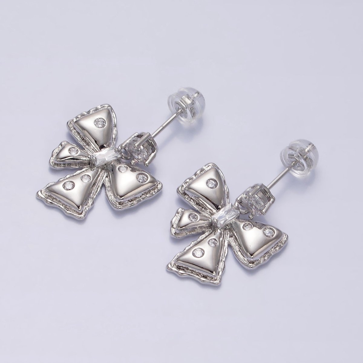 Gold, Silver and Gold Ribbon Bow Puffed CZ Dotted Baguette Teardrop Drop Stud Earrings | AD982-AD983