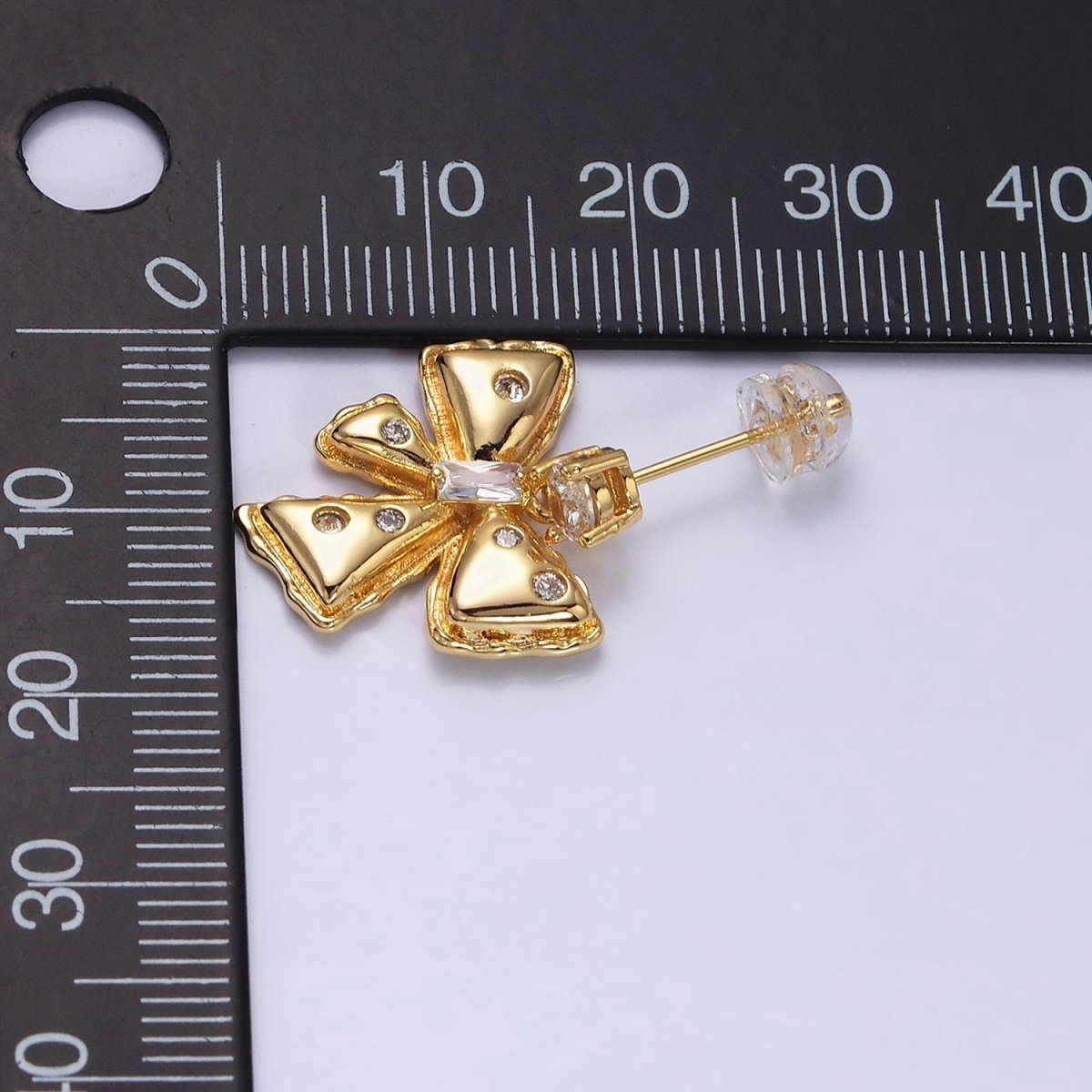 Gold, Silver and Gold Ribbon Bow Puffed CZ Dotted Baguette Teardrop Drop Stud Earrings | AD982-AD983