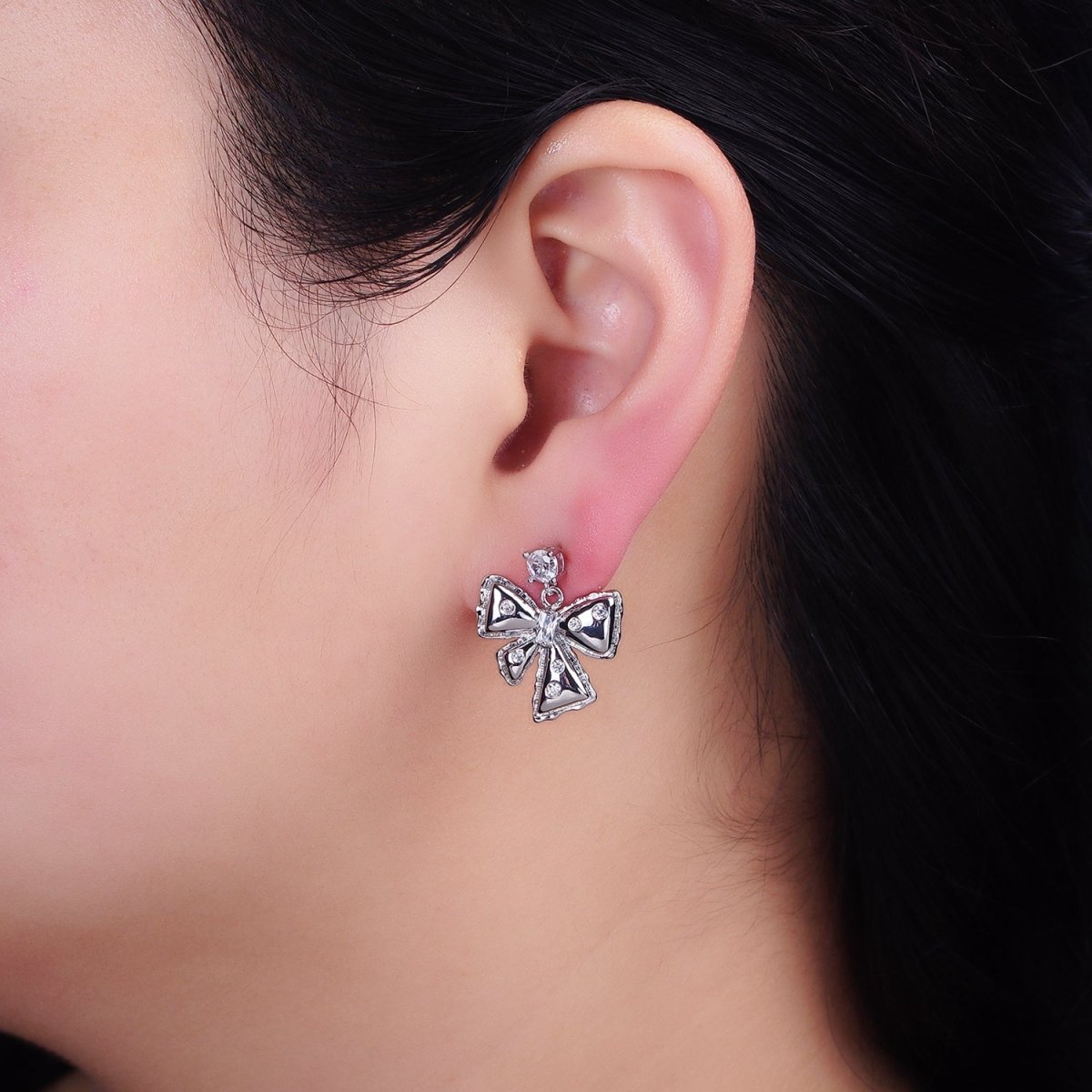 Gold, Silver and Gold Ribbon Bow Puffed CZ Dotted Baguette Teardrop Drop Stud Earrings | AD982-AD983