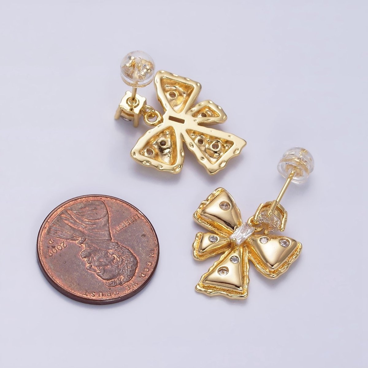 Gold, Silver and Gold Ribbon Bow Puffed CZ Dotted Baguette Teardrop Drop Stud Earrings | AD982-AD983