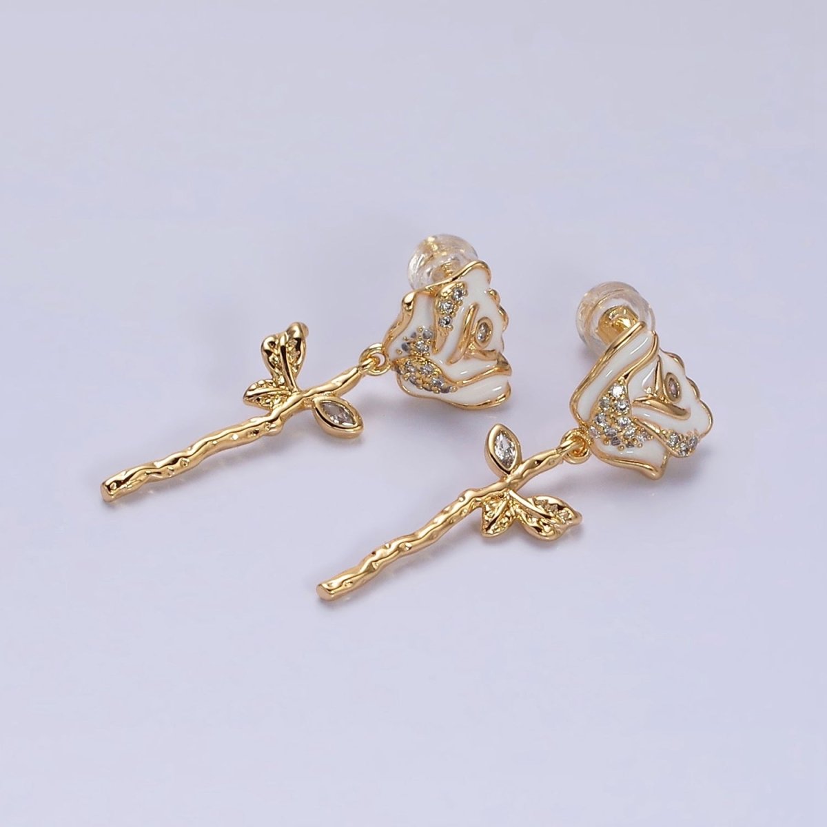 14K Gold Filled Rose Flower Micro Paved CZ Drop Stud Earrings in Gold & Silver | AD958 AD958