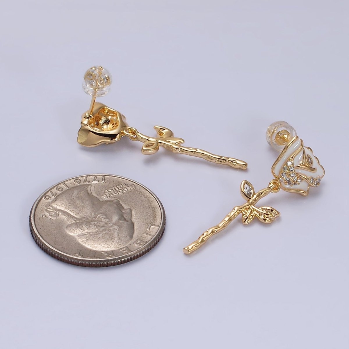 14K Gold Filled Rose Flower Micro Paved CZ Drop Stud Earrings in Gold & Silver | AD958 AD958