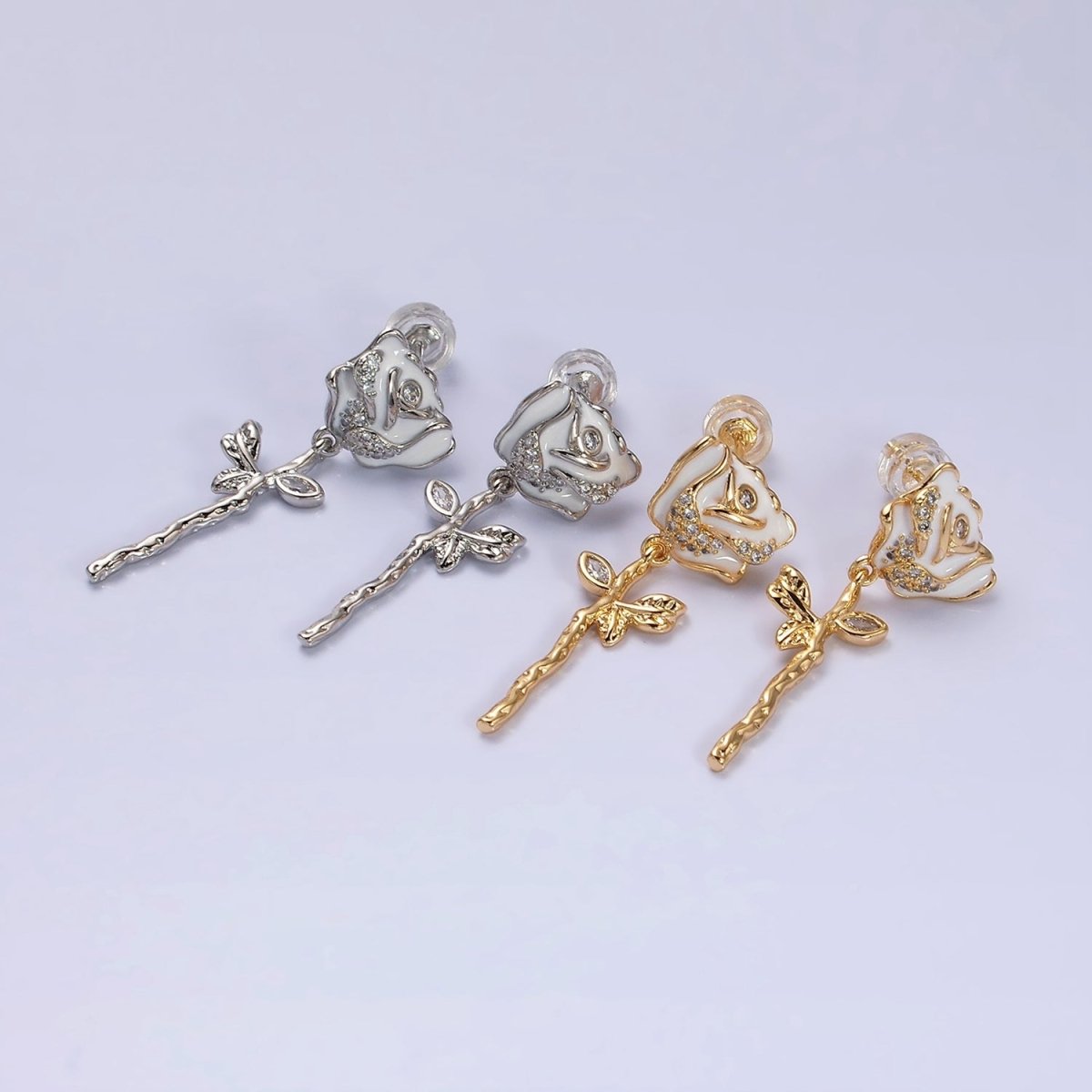 14K Gold Filled Rose Flower Micro Paved CZ Drop Stud Earrings in Gold & Silver | AD958 AD958