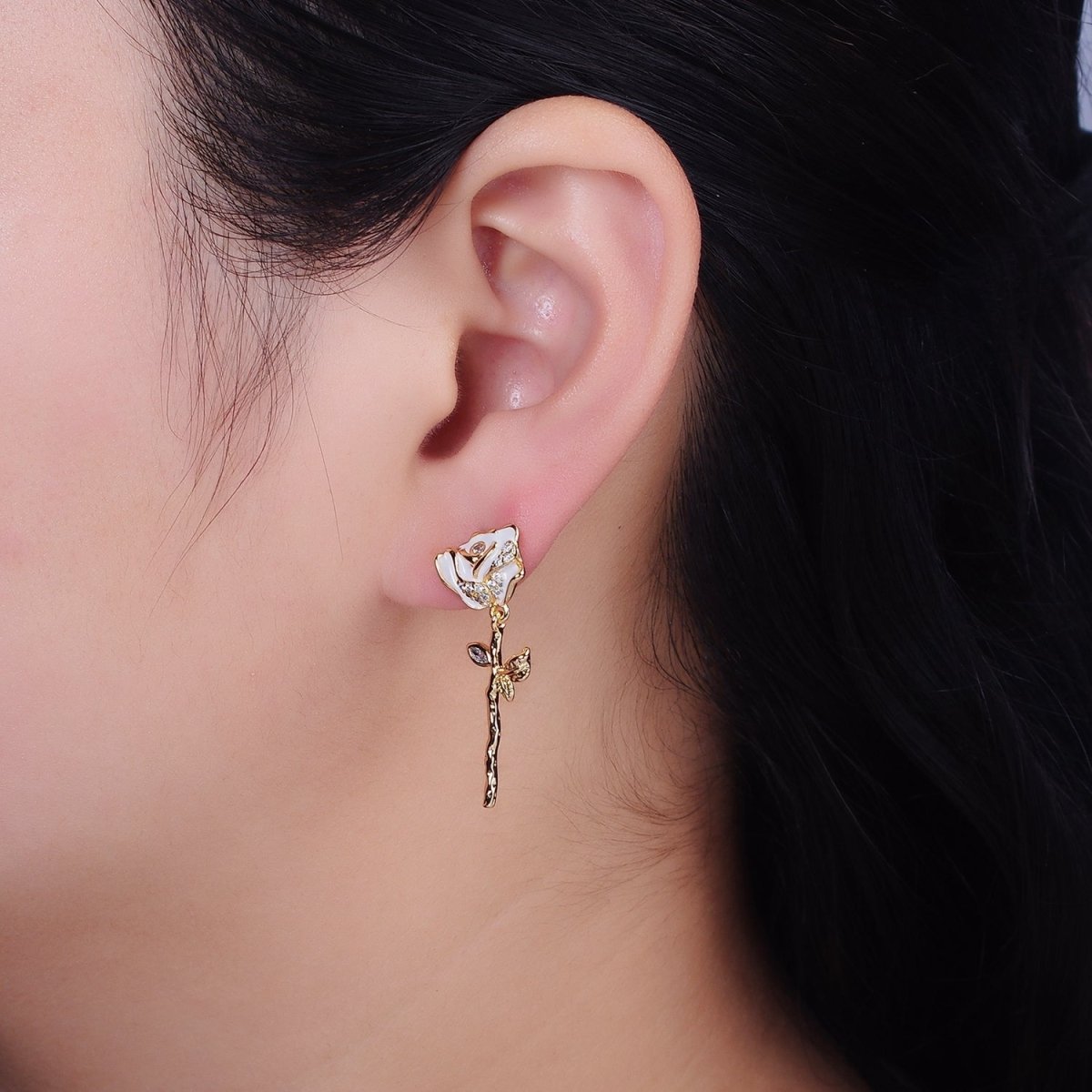 14K Gold Filled Rose Flower Micro Paved CZ Drop Stud Earrings in Gold & Silver | AD958 AD958