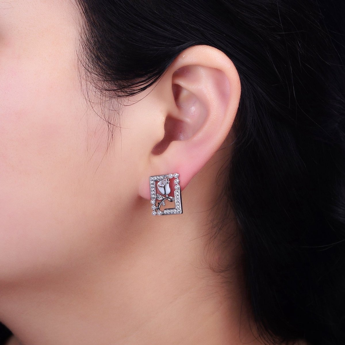 Gold, Silver Rose Flower White Enamel Pearl Micro Paved Open Rectangular Stud Earrings | AD970 AD971